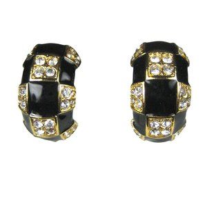 Earrings CLIP ON Goldtone Black Enamel Vintage 80's 90s Rhinestone .9 Inch Hoops